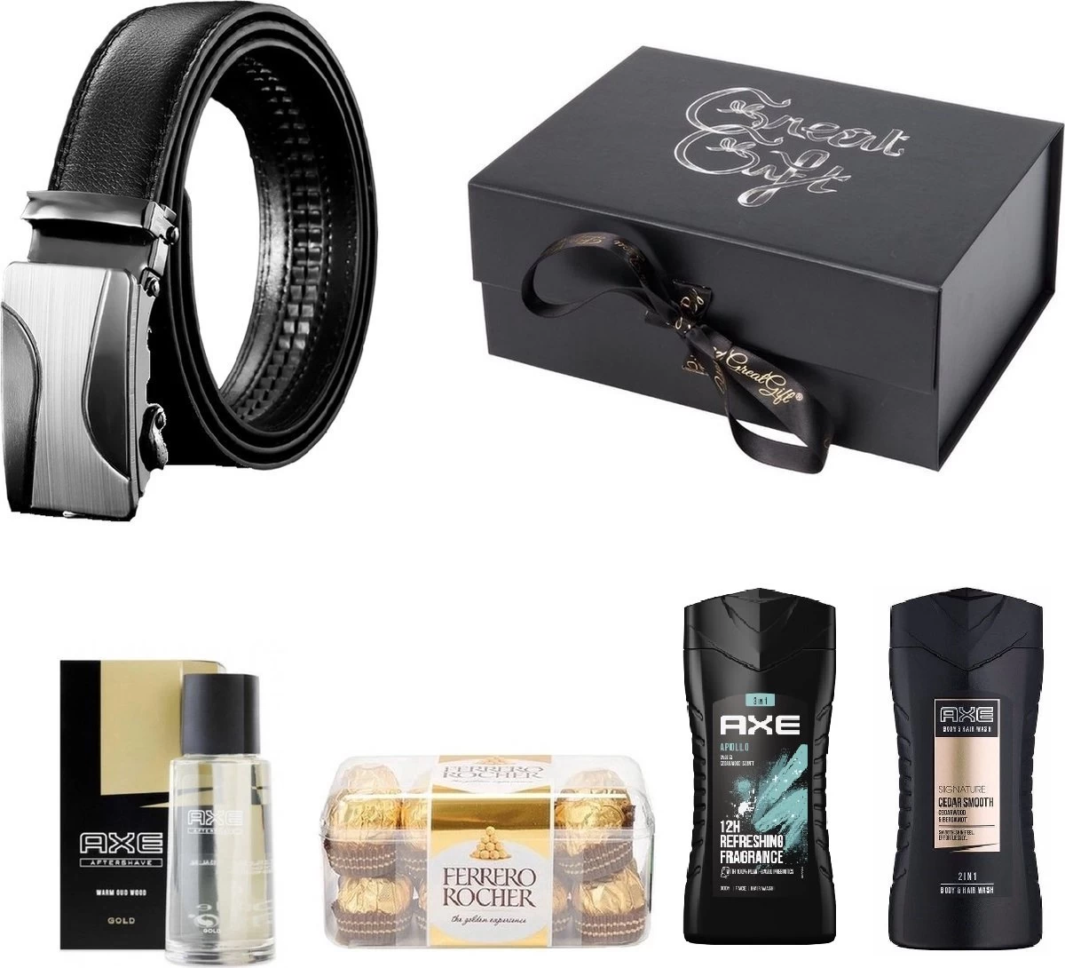 GreatGift® - Cadeaupakket Voor Hem - Met Riem - AXE Parfum - 2x AXE Shampoo - 16x Ferrero Rocher Chocolade 3 GreatGift® - Cadeaupakket Voor Hem - Met Riem - AXE Parfum - 2x AXE Shampoo - 16x Ferrero Rocher Chocolade