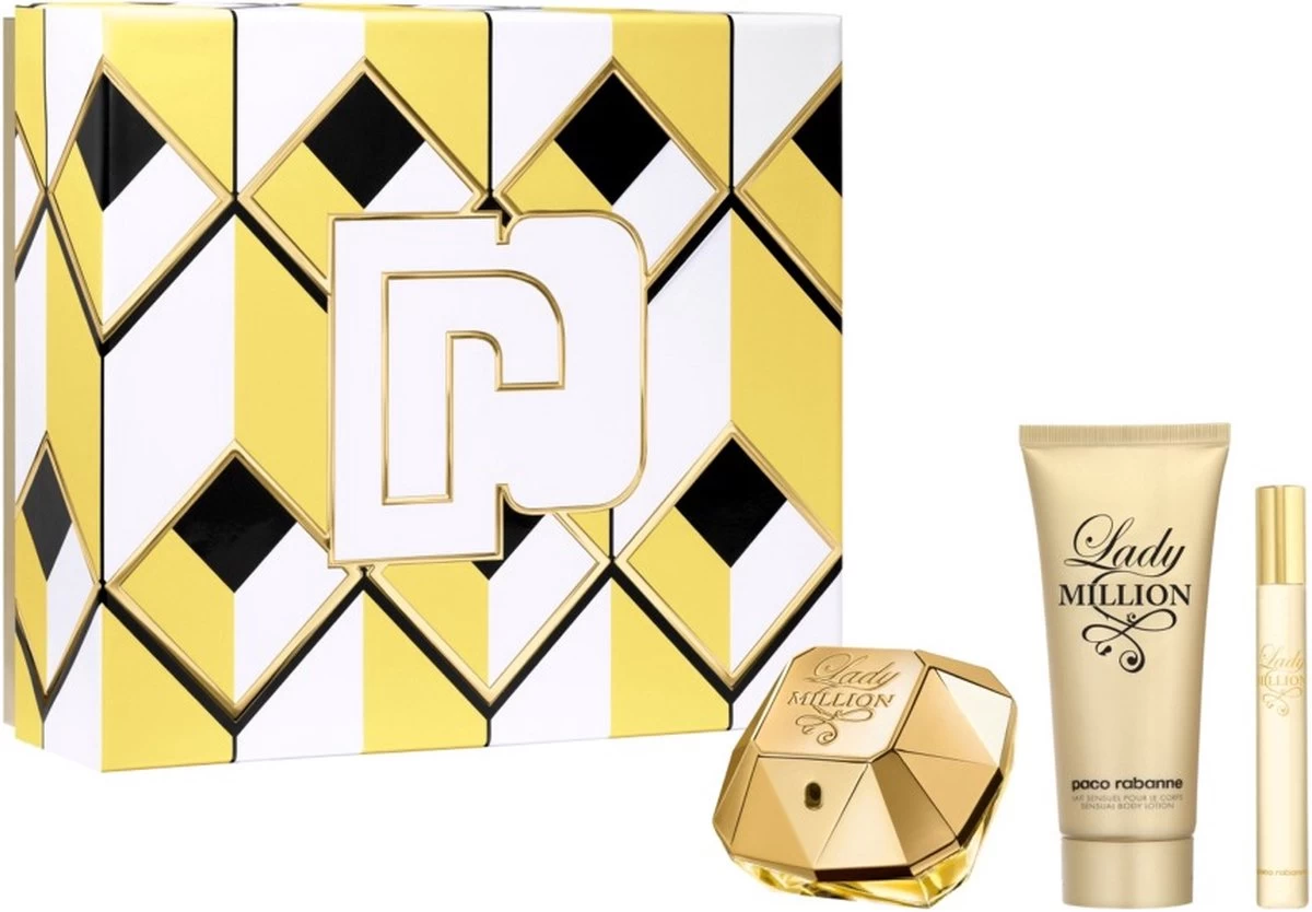 Paco Rabanne Lady Million Giftset - 80 Ml Eau De Parfum Spray + 10 Ml Eau De Parfum Spray + 100 Ml Bodylotion - Cadeauset Voor Dames 3 Paco Rabanne Lady Million Giftset - 80 Ml Eau De Parfum Spray + 10 Ml Eau De Parfum Spray + 100 Ml Bodylotion - Cadeauset Voor Dames